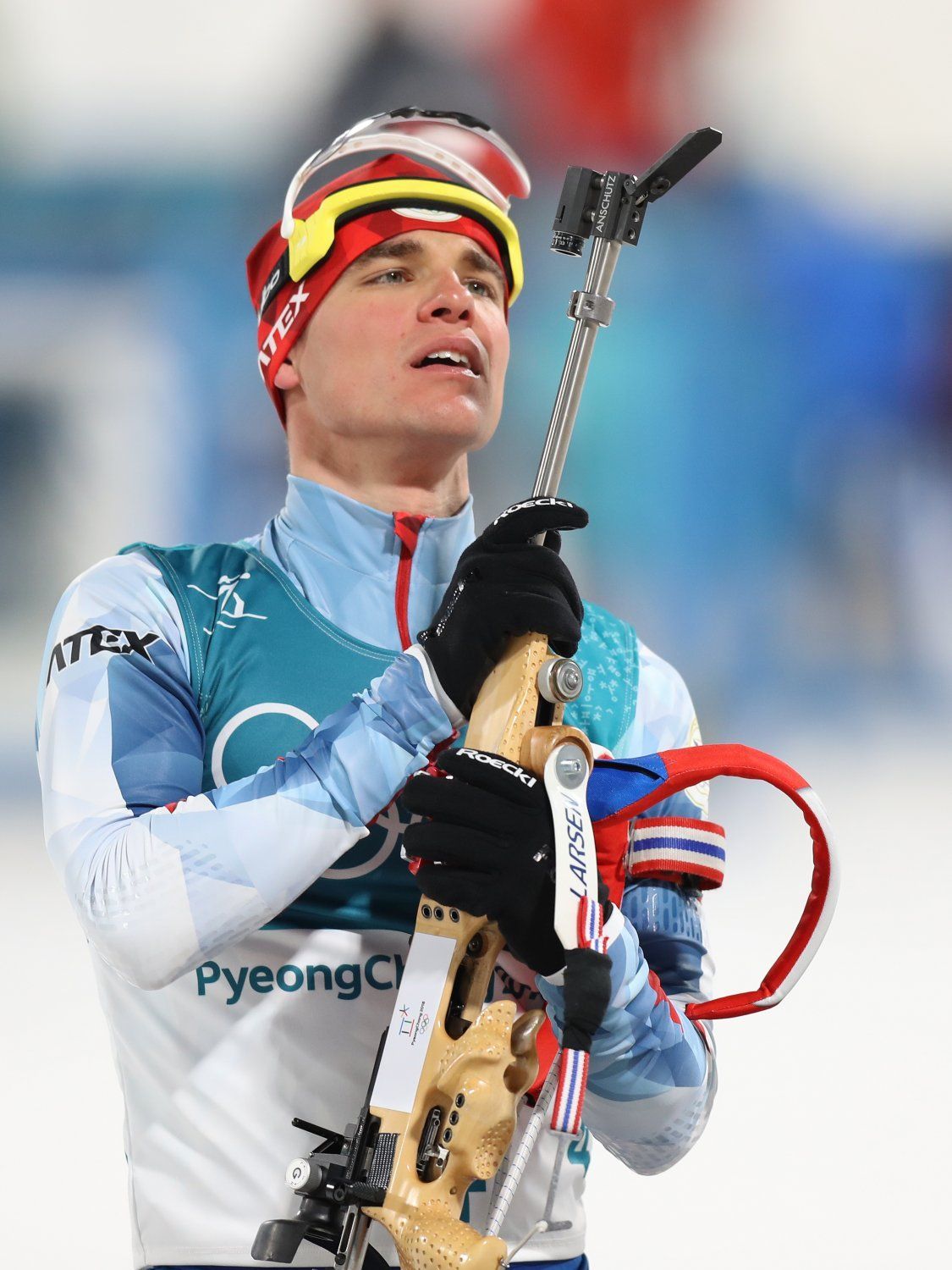 Michal Krčmář v závodě biatlonistů s hromadným startem na ZOH 2018