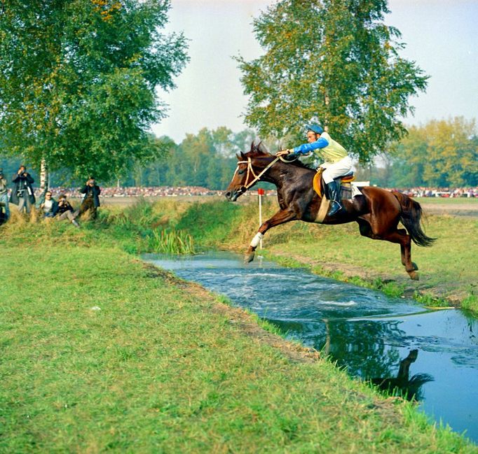 Jezdec překonává vodní příkop během Velké pardubické steeplechase v roce 1970, konané v Pardubicích.