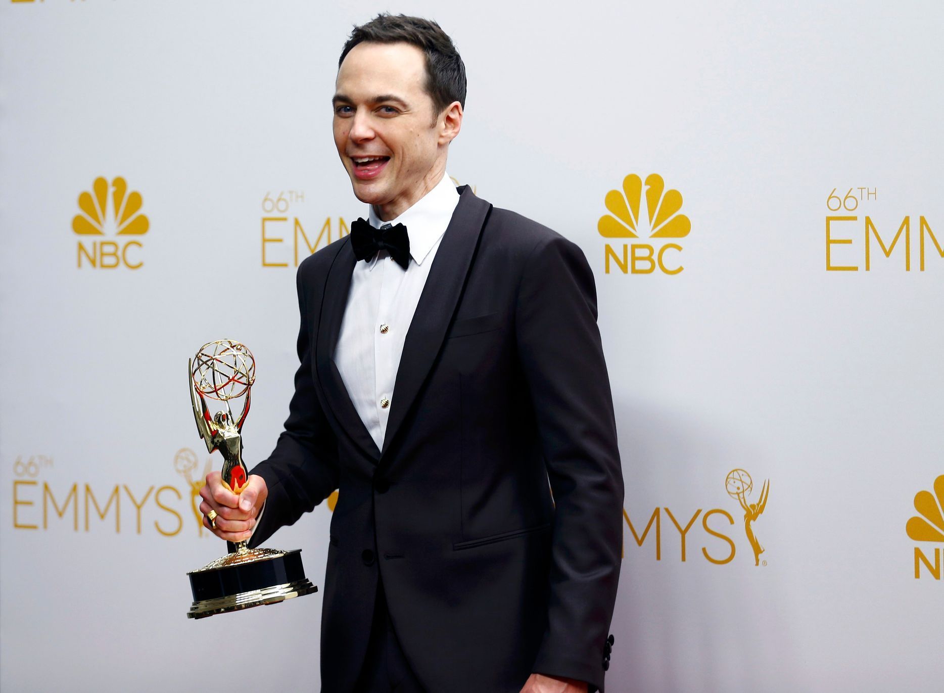 Jim Parsons poses with his Outstanding Lead Actor in a Comedy Series award for the CBS sitcom &quot;The Big Bang Theory&quot; at the 66th Primetime Emmy Awards in Los Angeles