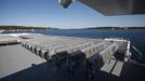 A view of seats on the deck of the Millennium Diamond catamaran at a port in Pula July 17, 2012. Measuring 37 meters long and 17.5 meters wide, it can carry about 600 passengers at once, and is built for the London 2012 Olympic Games to ferry tourists on the River Thames. The catamaran gets its name from its diamond shape and the Diamond Jubilee celebrations of Britain's Queen Elizabeth. REUTERS/Antonio Bronic (CROATIA - Tags: SOCIETY SPORT OLYMPICS TRANSPORT) Published: Čec. 17, 2012, 9:45 dop.