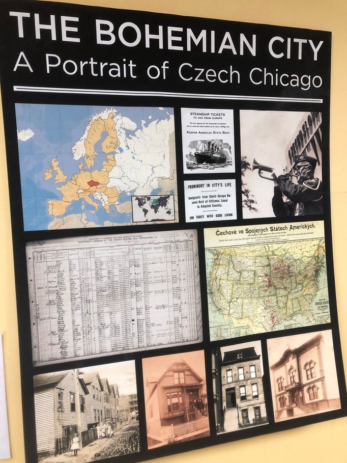 Plakát k české historii Chicaga v Masarykově škole.