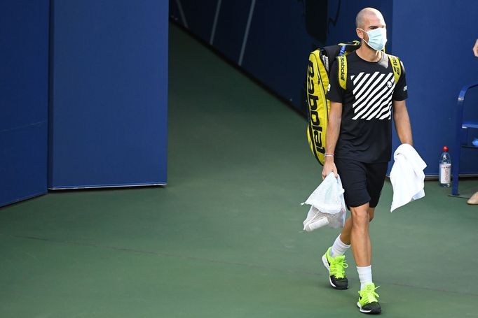 Sep 4, 2020; Flushing Meadows, New York, USA; Adrian Mannarino of France walks onto the court prior to his match against Alexander Zverev of Germany (not pictured) on day