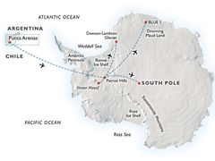 Mapka Antarktidy. Punta Arenas v Chile, odkud se tam létá. Výpravy vyrážejí ze základního tábora Patriot Hills