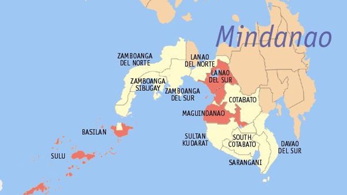 Mapa jižní části filipínského souostroví. Provincie Tawi-Tawi se rozkládá na stejnojmenném ostrově a 106 dalších ostrovech a ostrůvcích v jihozápadním cípu Filipín při hranicích s Malajsií a Indonésií