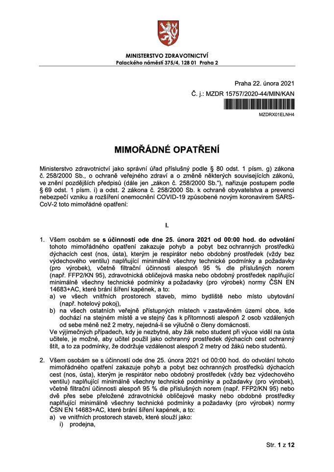 Usnesení vlády, kterým ministři nařizují nosit respirátory - i ty čínské dle normy KN95.