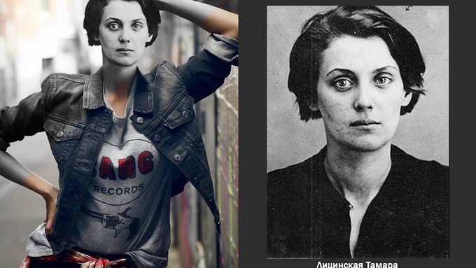 Tamara Licinská (1910-1937), jedna z obětí stalinských represí "převlečených" do současného oblečení ruským výtvarníkem Chasanem Bachajevem.