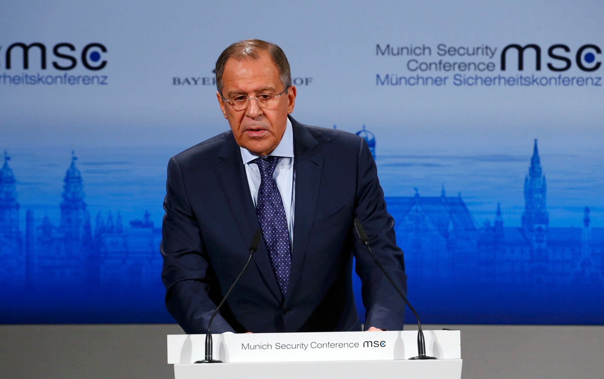 Russian Foreign Minister Lavrov addresses during the 51st Munich Security Conference at the 'Bayerischer Hof' hotel in Munich