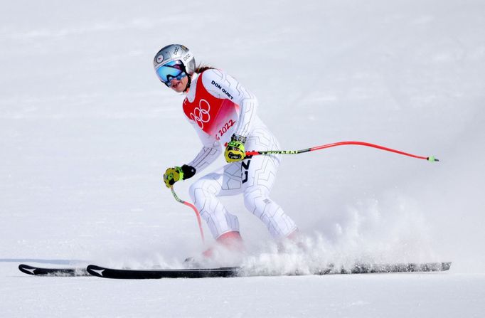 Ester Ledecká v cíli kombinačního sjezdu na ZOH 2022 v Pekingu