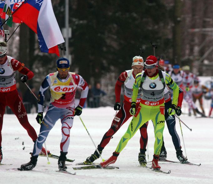 MS v biatlonu 2013, muži na 15 km: Martin Fourcade (2) a Jakov Fak (4)