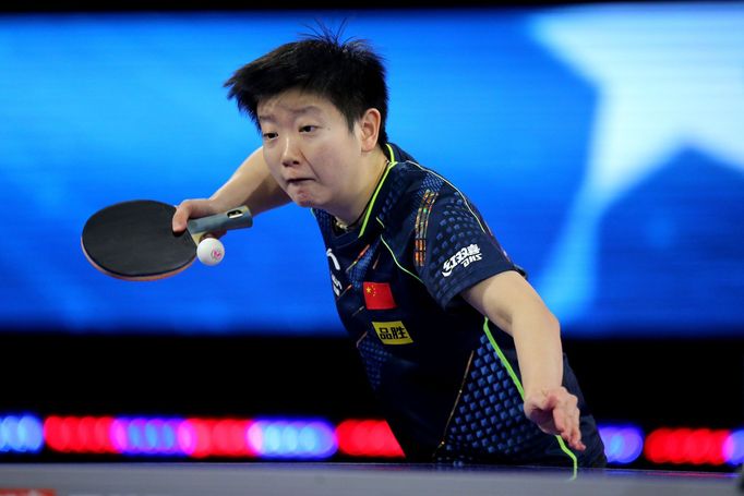 Nov 29, 2021; Houston, Texas, USA; Sun Yingsha of China plays a ball against Wang Manyu of China during the women's singles final during the 2021 World Table Tennis Champ