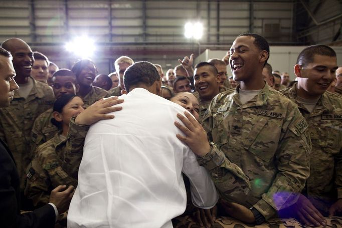 May 1, 2012 "A soldier hugs the President as he greeted U.S. troops at Bagram Air Field in Afghanistan."