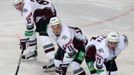 Hokejisté (zleva) Meija Gints, Kristaps Sotnieks a Roberts Bukarts v utkání KHL 2012/13 mezi Lvem Praha s Dinamem Riga .