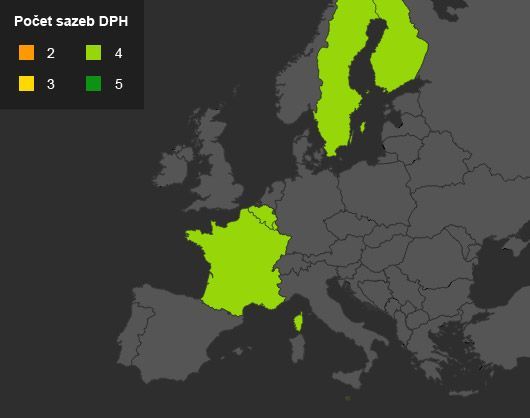Mapa - sazby DPH v Evropě