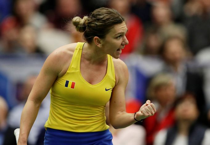 Fed Cup 2019: Simona Halepová v zápase s Karolínou Plíškovou