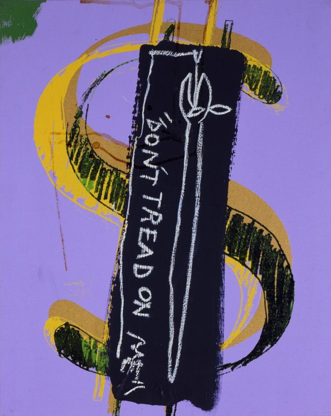 Jean-Michel Basquiat a Andy Warhol: Dollar Sign/Don’t Tread on Me, 1984 až 1985.