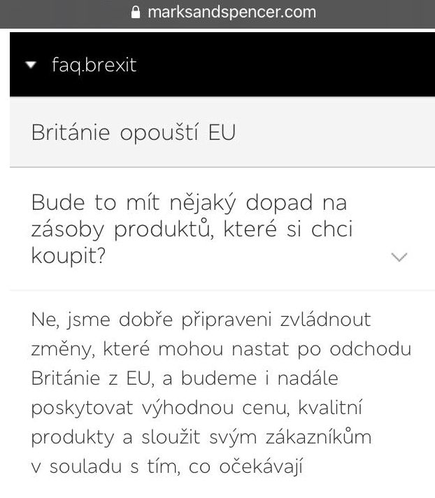 Na české verzi oficiálních webových stránek Marks & Spencer se přitom zákazník dozví, že společnost je dobře připravena zvládnout změny, které s brexitem souvisí. | Foto: Economia