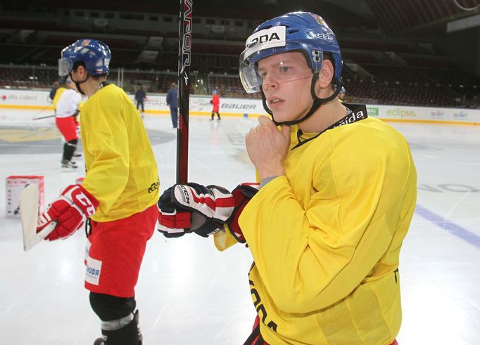 Český hokejový reprezentant Jakub Krejčík při tréninku před Karjala Cupem 2012.