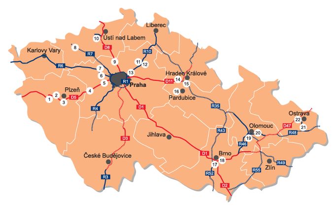 1)Orange Park/Mayfield 2)VGP Nýřany/VGP 3)ProLogis Štěnovice/ProLogis 4)CTPark Cerhovice/CTP Invest 5)Rudná II.fáze/ORCO 6)R6 Logistics Park/Skanska Property 7)Cargoport Dobrovíz/Hochtief 8)IIG Park Chomutov/Immo Industry Group 9)D8 European Park/AFI Europe 10)D8 Přestanov/Euroform 11)CTPark Mladá Boleslav/CTP Invest 12)VGP Mladá Boleslav/VGP 13)VGP Horní Počernice II.fáze/VGP 14)VGP Hradec Králové/VGP 15)CTPark Hradec Králové/CTP Invest 16)CTPark Pardubice/CTP Invest 17)CTPark Brno South/CTP Invest 18)ProLogis Brno/ProLogis 19)VGP Olomouc/VGP 20)CTPark Lipník nad Bečvou/CTP Invest 21)CTPark Nový Jičín/CTP Invest 22)ProLogis Ostrava/ProLogis