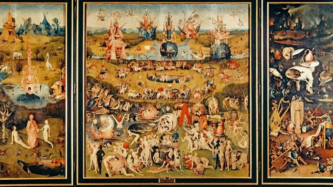 Slavný triptych Hieronyma Bosche Zahrada pozemských rozkoší je tvořen třemi částmi s názvy Stvoření (někdy také Ráj), Zahrada pozemských rozkoší a Peklo. Obraz je malovaný na dřevě (220 × 389 cm).