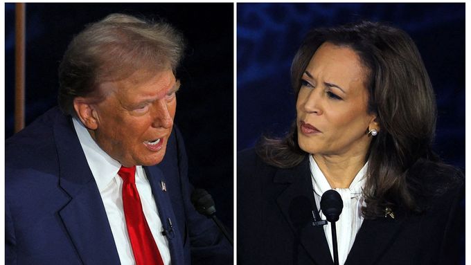 Kamala Harrisová zdraví Donalda Trumpa před televizní debatou ve Filadelfii.