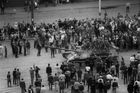 The first Soviet tank in front of the Central railway station in Brno. This time unwelcomed and with no flowers handing over to the Soviet soldiers like during the liberation in 1945.