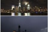 Před příchodem bouře Sandy zářily mrakodrapy na Manhattanu obrovským počtem světel. Nyní zde rezonuje jen černočerná tma.