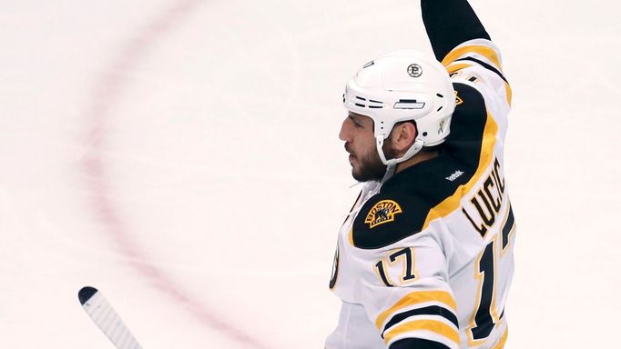 Boston Bruins' Milan Lucic celebrates after scoring on the Chicago Blackhawks during the first period in Game 1 of their NHL Stanley Cup Finals hockey game in Chicago, Il