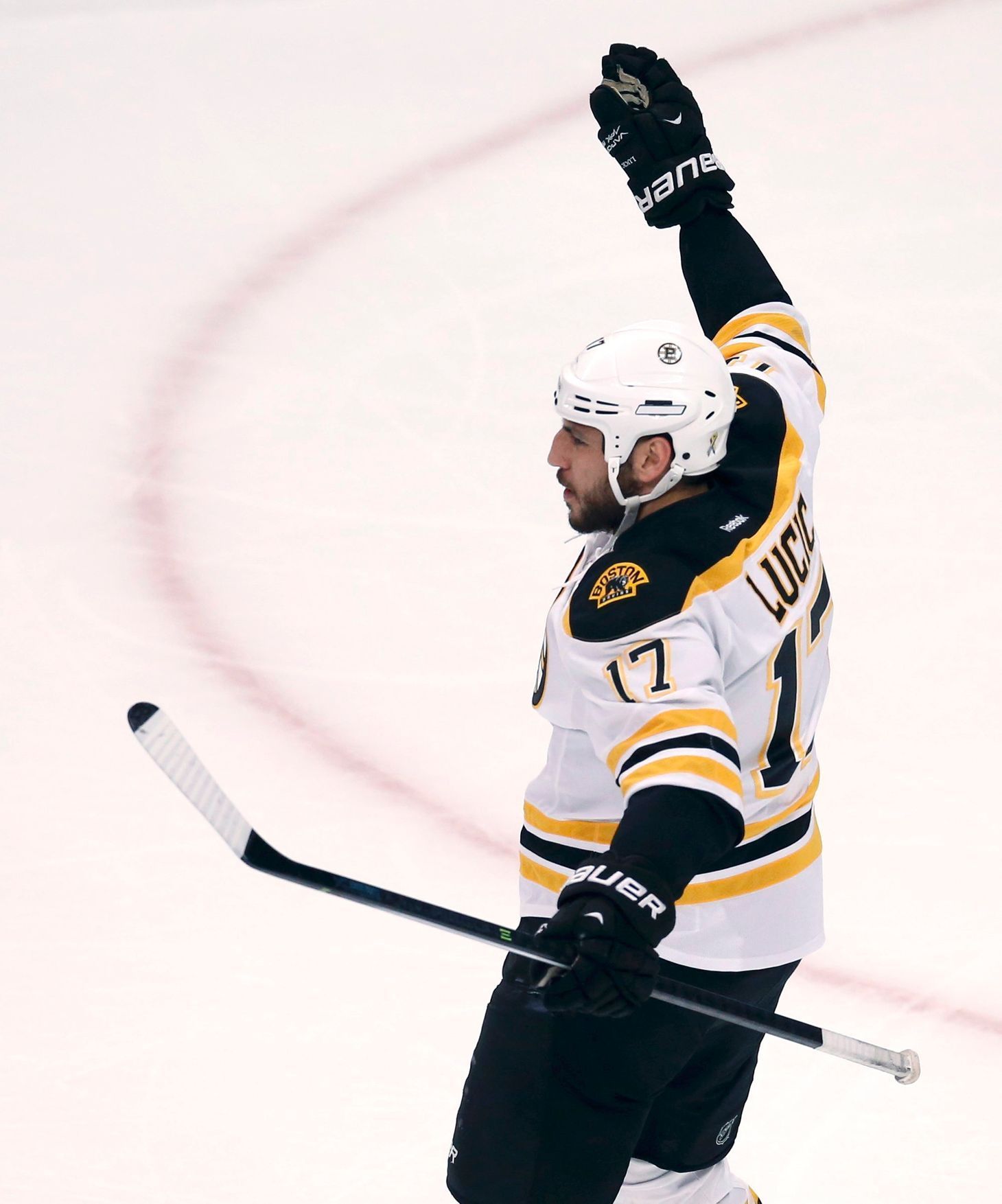 Bruins' Lucic celebrates after scoring on the Blackhawks dur