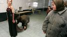 Fashion Contest in Women's Correctional Labor Colony near Kineshma A convict prepares to display her gown as her mate looks on during a fashion design contest at the 3/3 women's correctional labor colony near Kineshma. | Location: Kineshma, IVANOVO REGION, Russia.