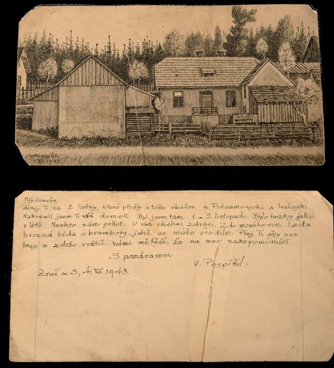 Dopis do Norska od učitele s náčrtem Touškova rodného domu, 4. 11. 1943