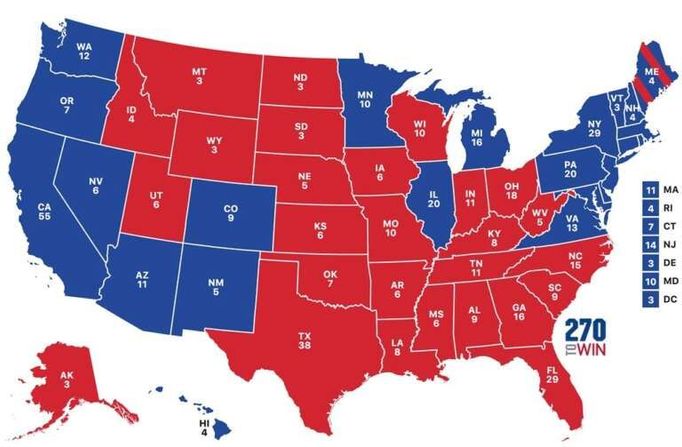 Mapa výsledků voleb s počtem hlasů volitelů v každém státě z roku 2020. V modře označených státech vyhrál Joe Biden, v červených Donald Trump.