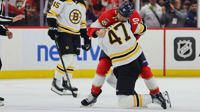 Oct 8, 2024; Sunrise, Florida, USA; Florida Panthers left wing A.J. Greer (10) and Boston Bruins center Mark Kastelic (47) fight during the first period at Amerant Bank A