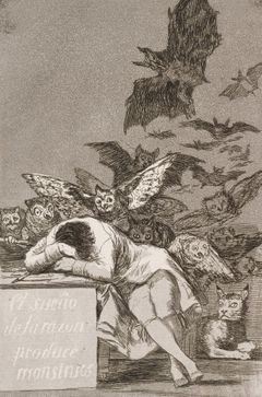 Grafika Spánek rozumu plodí příšery z cyklu leptů Rozmary, který v letech 1793 až 1799 vytvořil Francisco Goya.