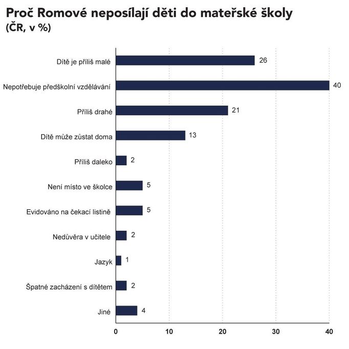 V Česku byl nejčastějším důvodem pro nezapsání romského dítěte do školky argument, že romské dítě je příliš malé (26 procent) nebo nepotřebuje předškolní vzdělávání, protože je o něj postaráno doma (40 procent). Výraznou překážkou byla také cena, kdy 21 procent romských domácností uvedlo, že je pro ně předškolní vzdělávání příliš drahé.