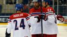 Jiri Sekac of the Czech Republic (R) celebrates his goal against Italy with team mates during the second period of their men's ice hockey World Championship Group A game