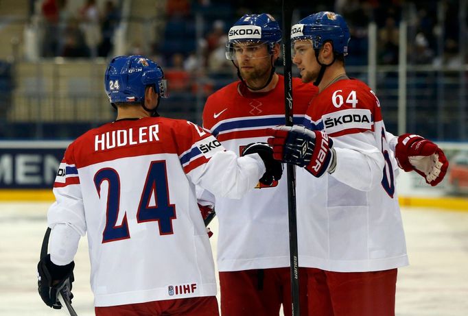 Jiri Sekac of the Czech Republic (R) celebrates his goal against Italy with team mates during the second period of their men's ice hockey World Championship Group A game