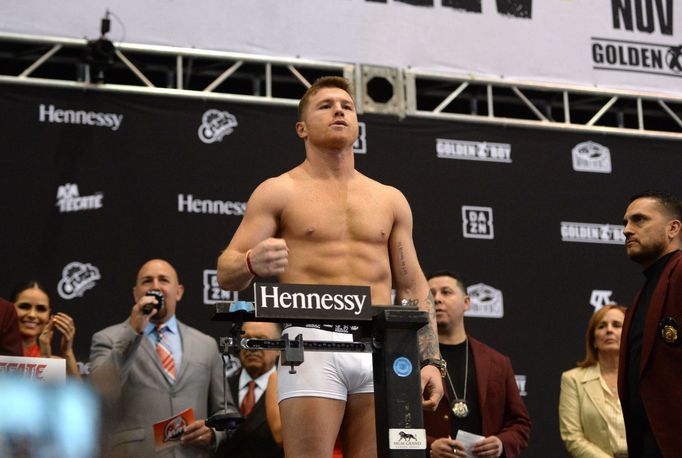 Nov 1, 2019; Las Vegas, NV, USA; Canelo Alvarez weighs in for his WBO light heavyweight boxing bout against Sergey Kovalev (not pictured) at MGM Grand Garden Arena. Manda