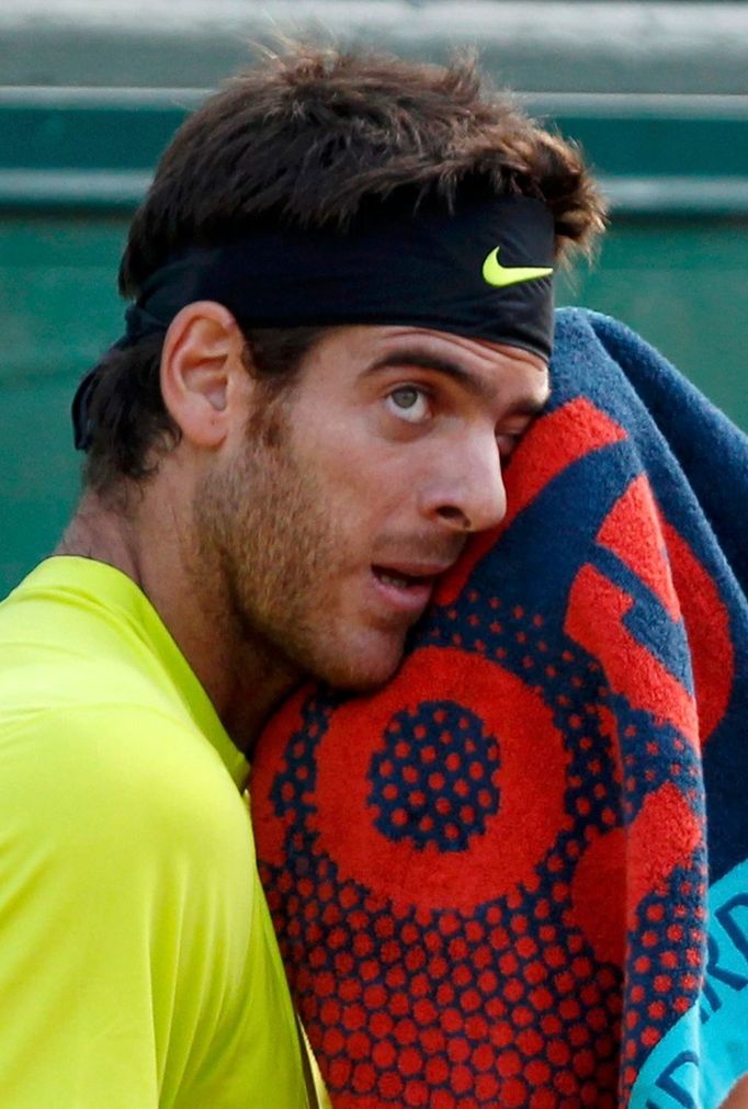 Argentinský tenista Juan Martin Del Potro se otírá v utkání s Čechem Tomášem Berdychem během osmifinále French Open 2012