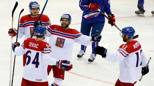 Jiri Sekac of the Czech Republic (L) celebrates his goal against France with team mates during the second period of their men's ice hockey World Championship Group A game