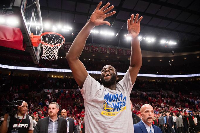 May 20, 2019; Portland, OR, USA; Golden State Warriors forward Draymond Green (23) celebrates after defeating the Portland Trail Blazers in game four of the Western confe