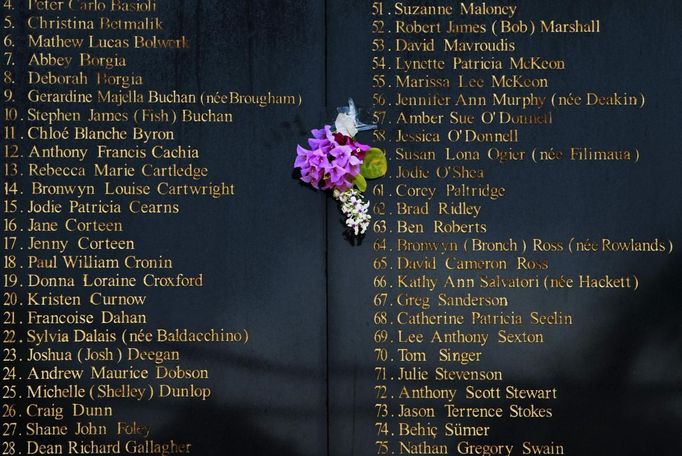 A flower intended for victims Amber Sue O'Donnell and Jessica O'Donnell is seen at the Bali Bomb Monument ahead of its 10th anniversary in Kuta, on the resort island of Bali October 10, 2012. Eighty-eight Australians were among the 202 people killed in the attacks on Sari Club and Paddy's Bar at the popular tourist area of Kuta on October 12, 2002. REUTERS/Beawiharta (INDONESIA - Tags: ANNIVERSARY SOCIETY) Published: Říj. 10, 2012, 5:27 dop.