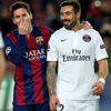 Paris St Germain's Ezequiel Lavezzi walks off the pitch with his compatriot Barcelona's Lionel Messi at the end of their Champions League Group F soccer match at the Nou Camp stadium in Barcelona