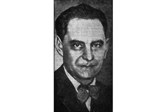 Portrét Dr. Marcela Petiota, francouzského lékaře popraveného v roce 1946 za vraždu 26 osob. Reprodukce z dobového tisku.