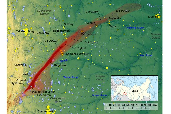 Mapa Východouralské radioaktivní stopy (EURT) ukazující kontaminaci po havárii v komplexu Majak, Sovětský svaz, 29. září 1957.