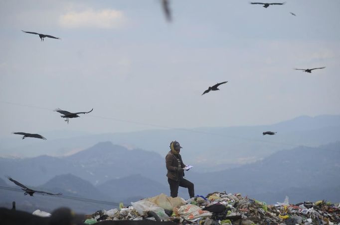 A garbage collector reads a paper while looking for recyclable waste at a municipal dump site in Tegucigalpa