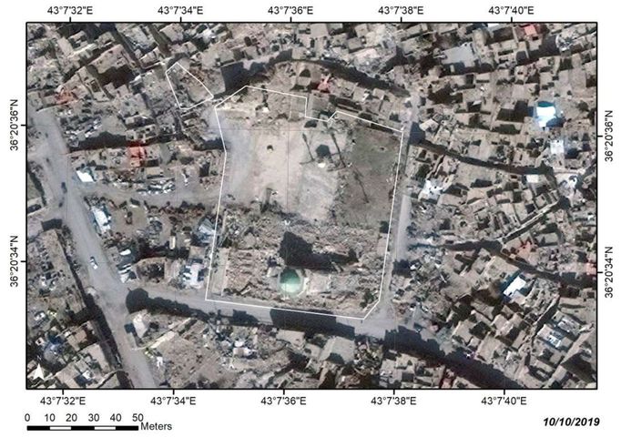 Mešita Al-Nuri v roce 2019 po zničení Islámským státem