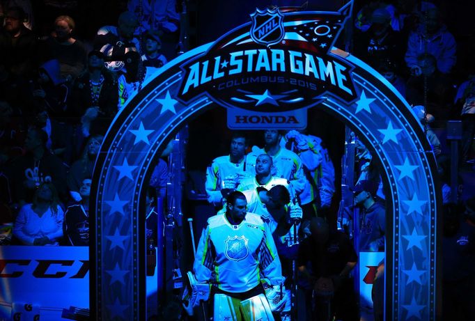 Jan 25, 2015; Columbus, OH, USA; Team Toews goaltender Roberto Luongo (1) of the Florida Panthers prepares to lead his team to the ice before the 2015 NHL All Star Game a