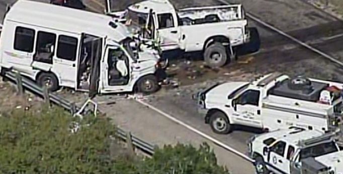 accident scene involving a Texas church bus carrying senior citizens which crashed head-on with another vehicle about 80 miles (130 km) west of San Antonio, Texas, U.S.,