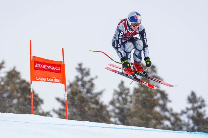 Dec 3, 2019; Lake Louise, Alberta, CAN; Ester Ledecká of Czech Republic during downhill training for the the Lake Louise FIS Women's Alpine Skiing World Cup at Lake Louis