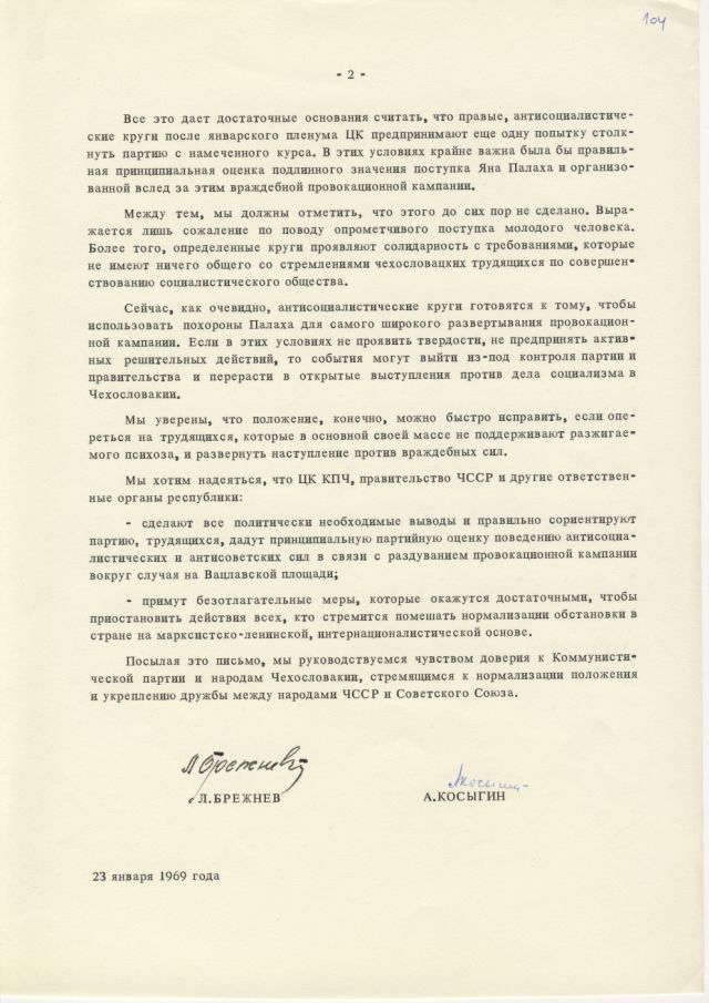 Dopis Brežněva po upálení Jana Palacha